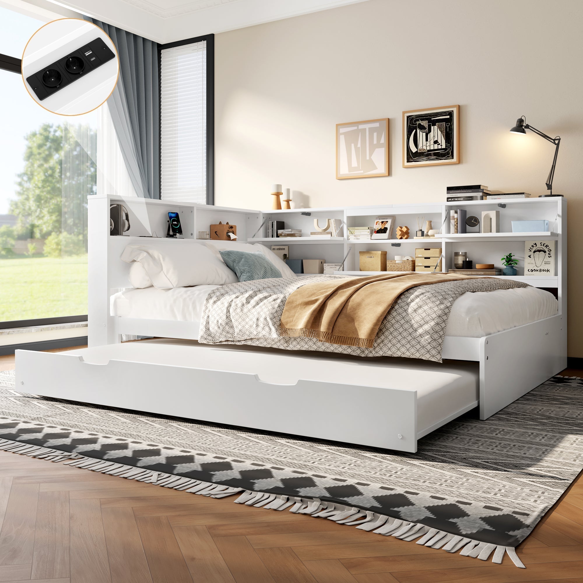 Daybed Sofa Bed with Storage Headboard and Extendable Trundle, 140x200cm, White