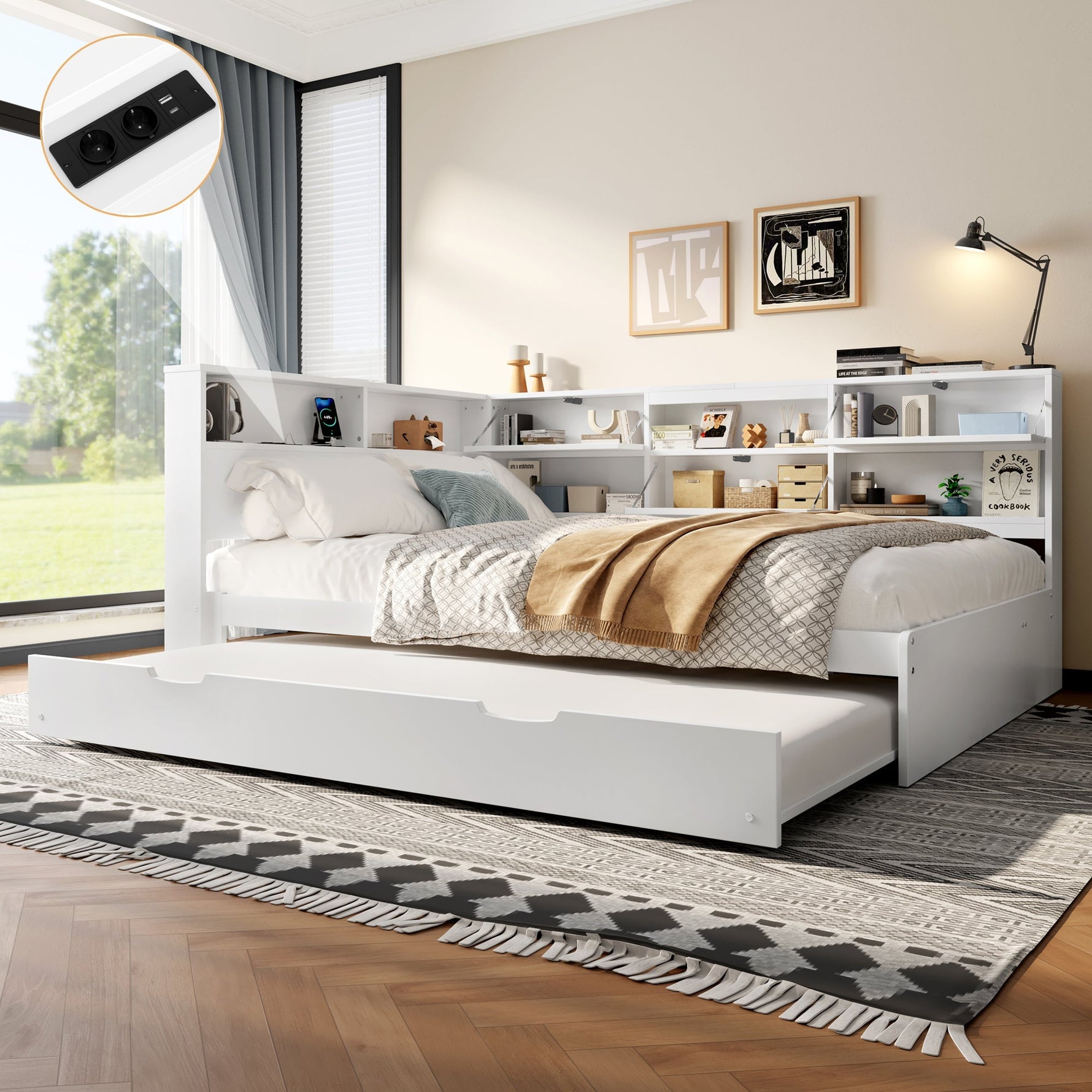 Daybed Sofa Bed with Storage Headboard and Extendable Trundle, 140x200cm, White