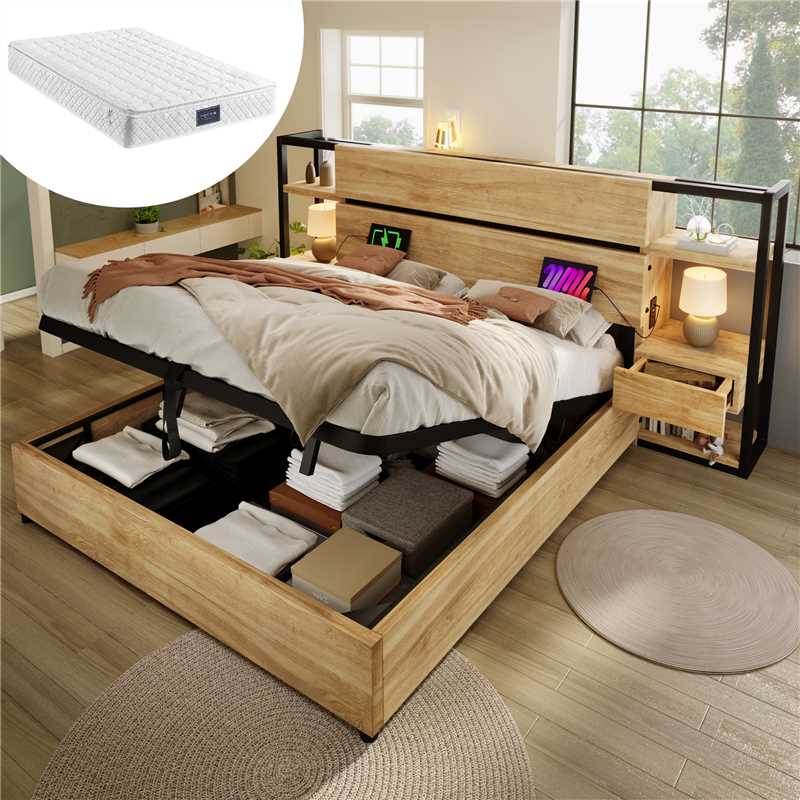 Wooden Double Bed 160×200cm Hydraulic Storage Headboard USB Charging Oak Color