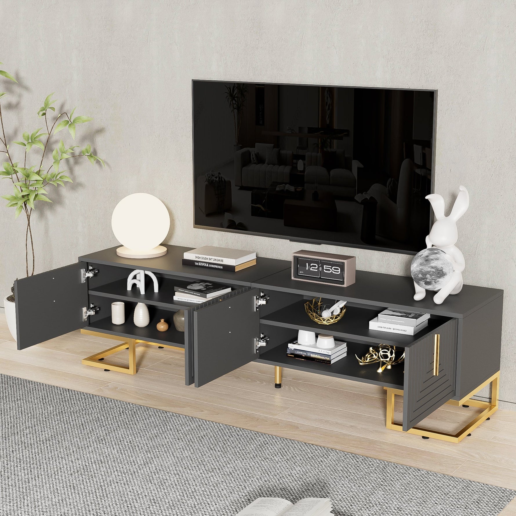 TV Lowboard Textured Door Gold Handles Gold Feet