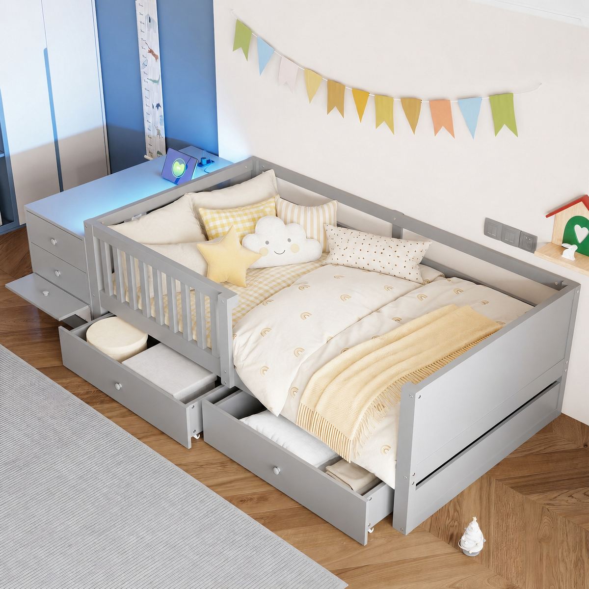 Children's Bed 90x200cm with Desk, LED & Storage Drawers, Grey