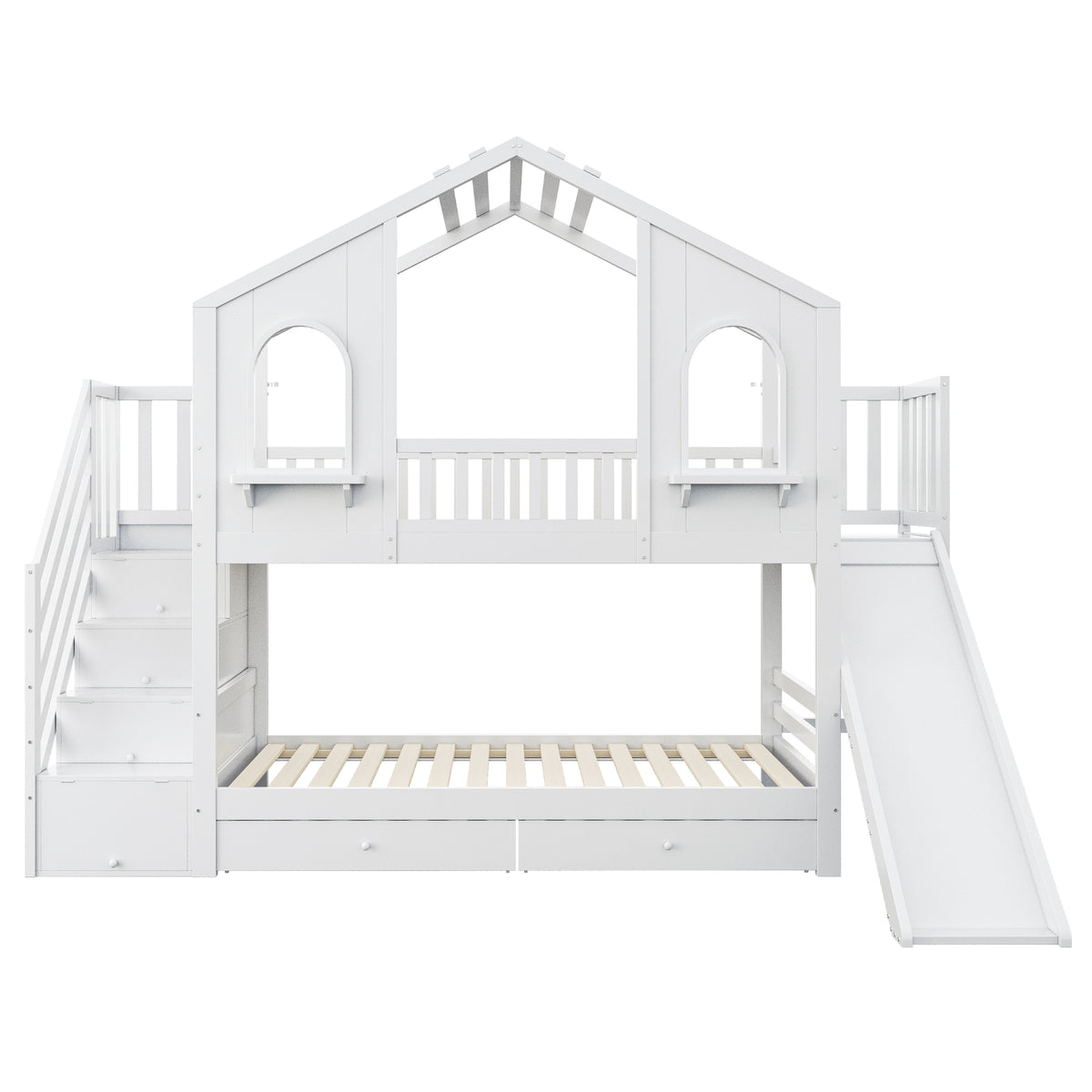 Children's Bunk Bed 90x200 House Shape with Ladder & Slide, White