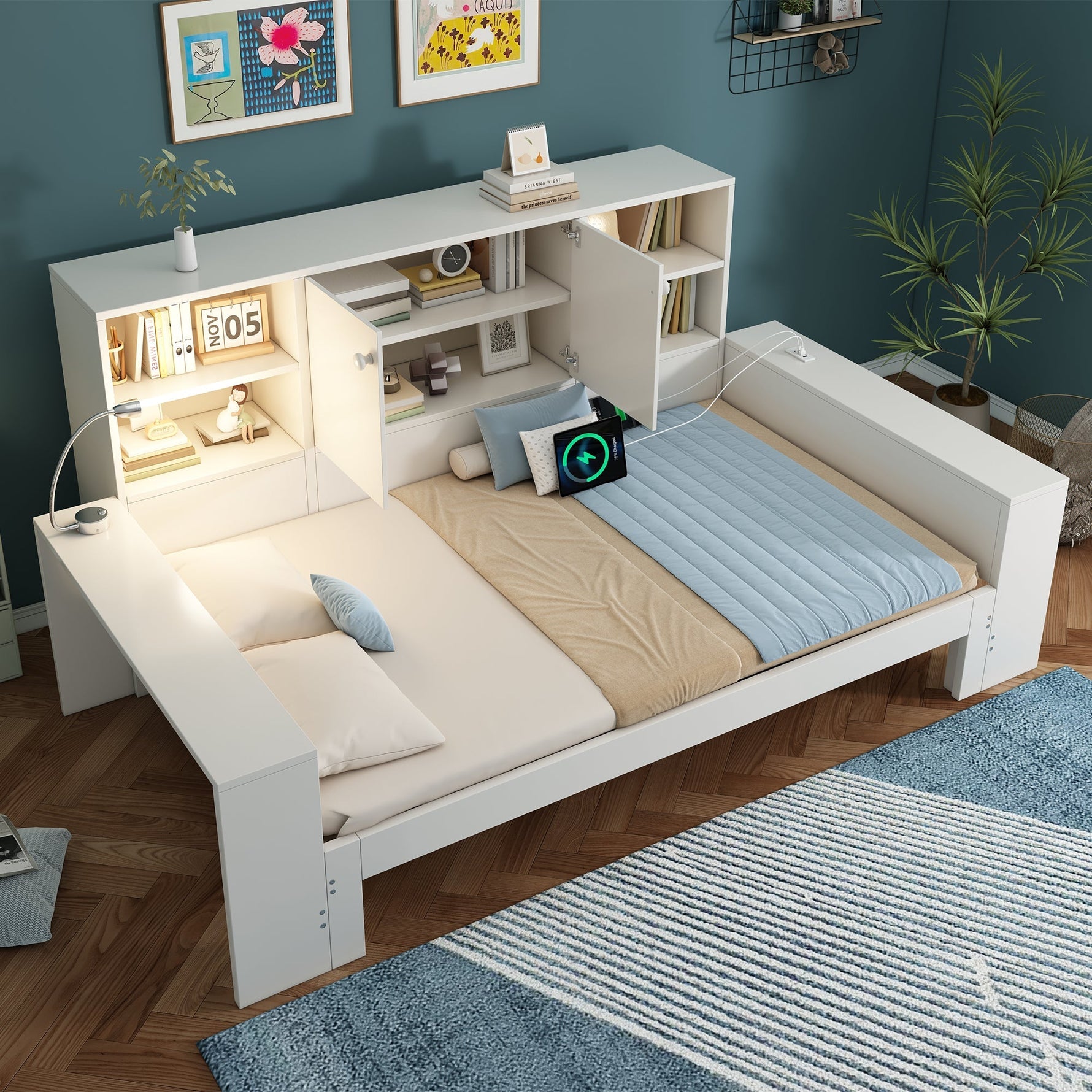 Storage Bed with Pull-out Bed, Double Doors and USB Ports, 90x200cm, White Wood