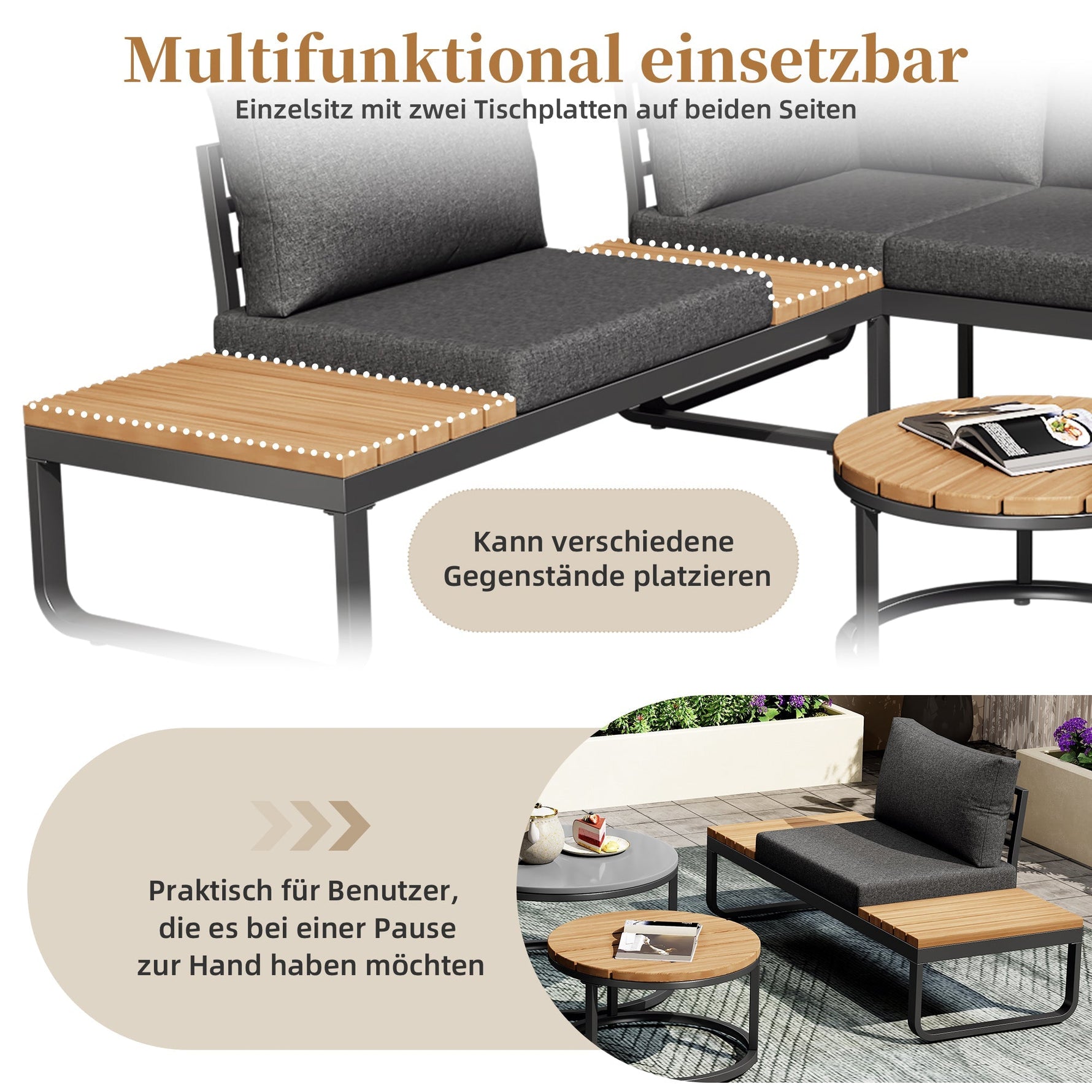 Garden Furniture Set 4-5 Seater with 2 Stackable Coffee Tables Adjustable Legs Galvanized Iron Grey