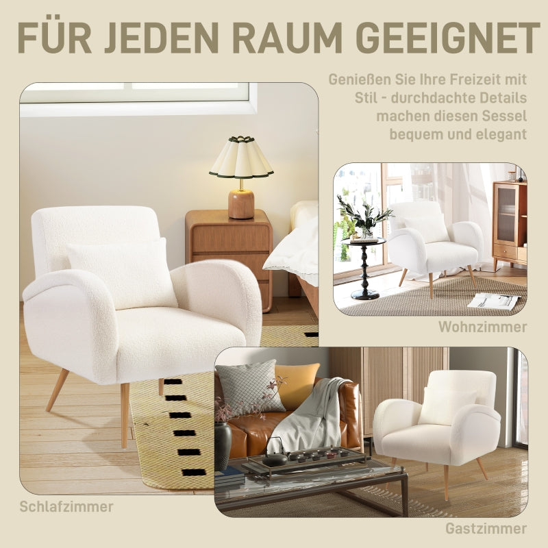 Upholstered Armchair, Padded with Lumbar Cushion and Metal Legs, Fleece, Cream White