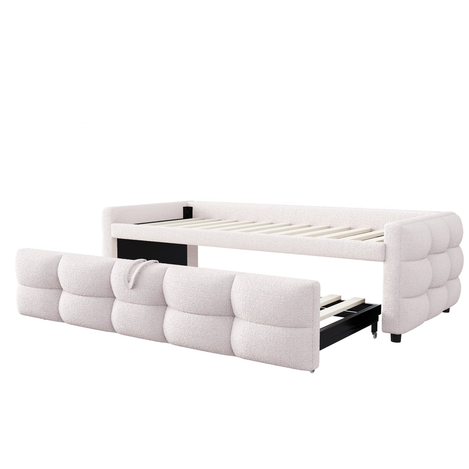Extendable Upholstered Sofa Bed with Slatted Frame and 90/180x190cm Mattress Support, Beige Teddy Velvet