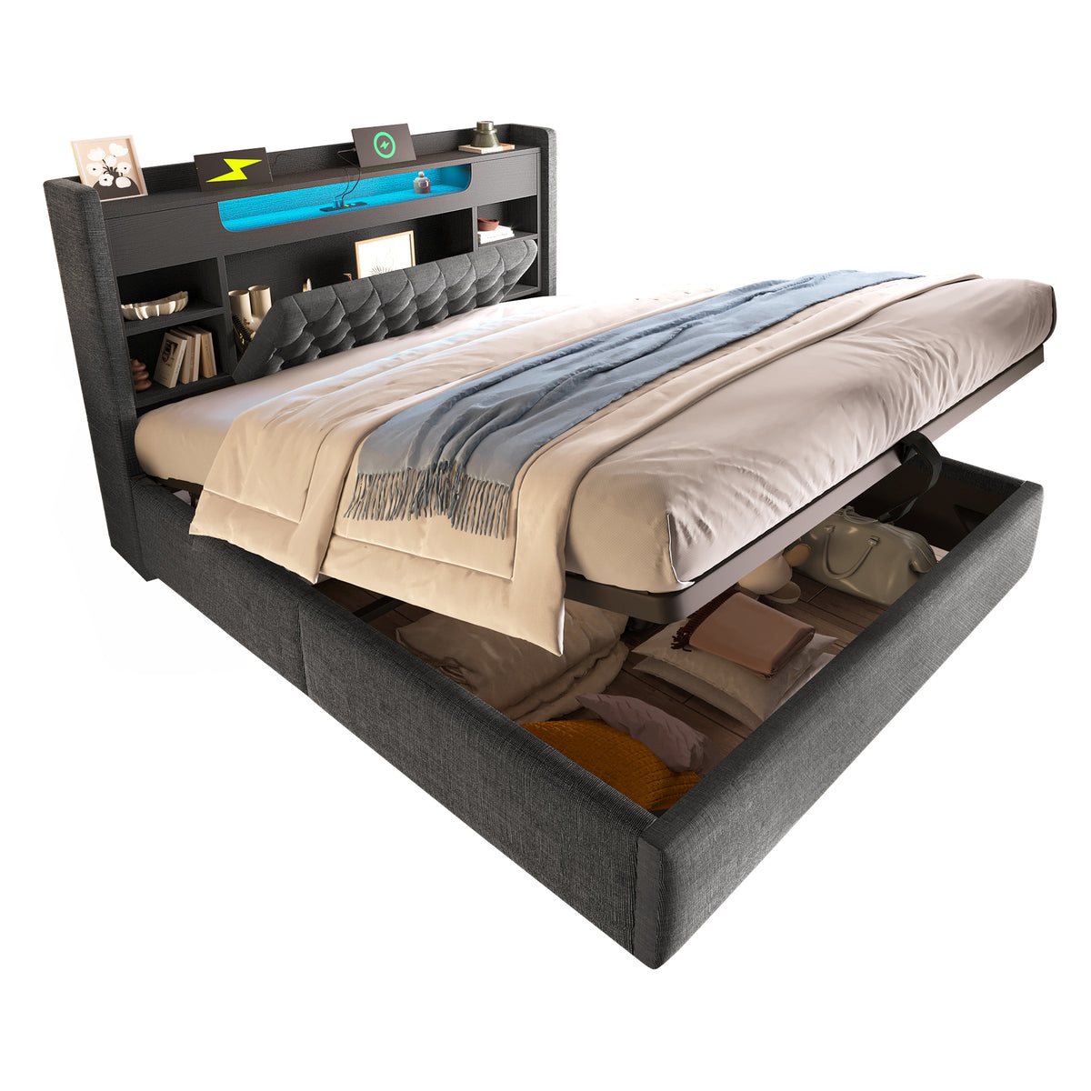Upholstered Bed 180x200 with Hydraulic Storage & LED, Grey Linen