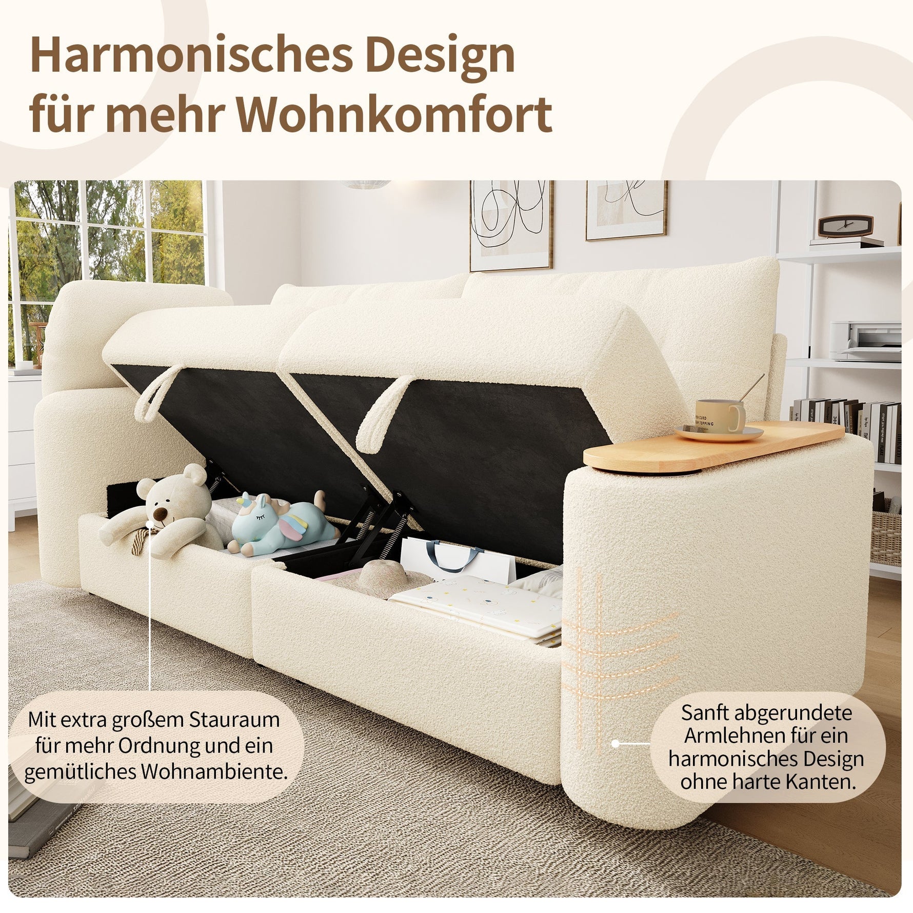 Teddy Plush Sofa, 3-Seater Modular Sofa Bed with Storage and Side Table, Beige