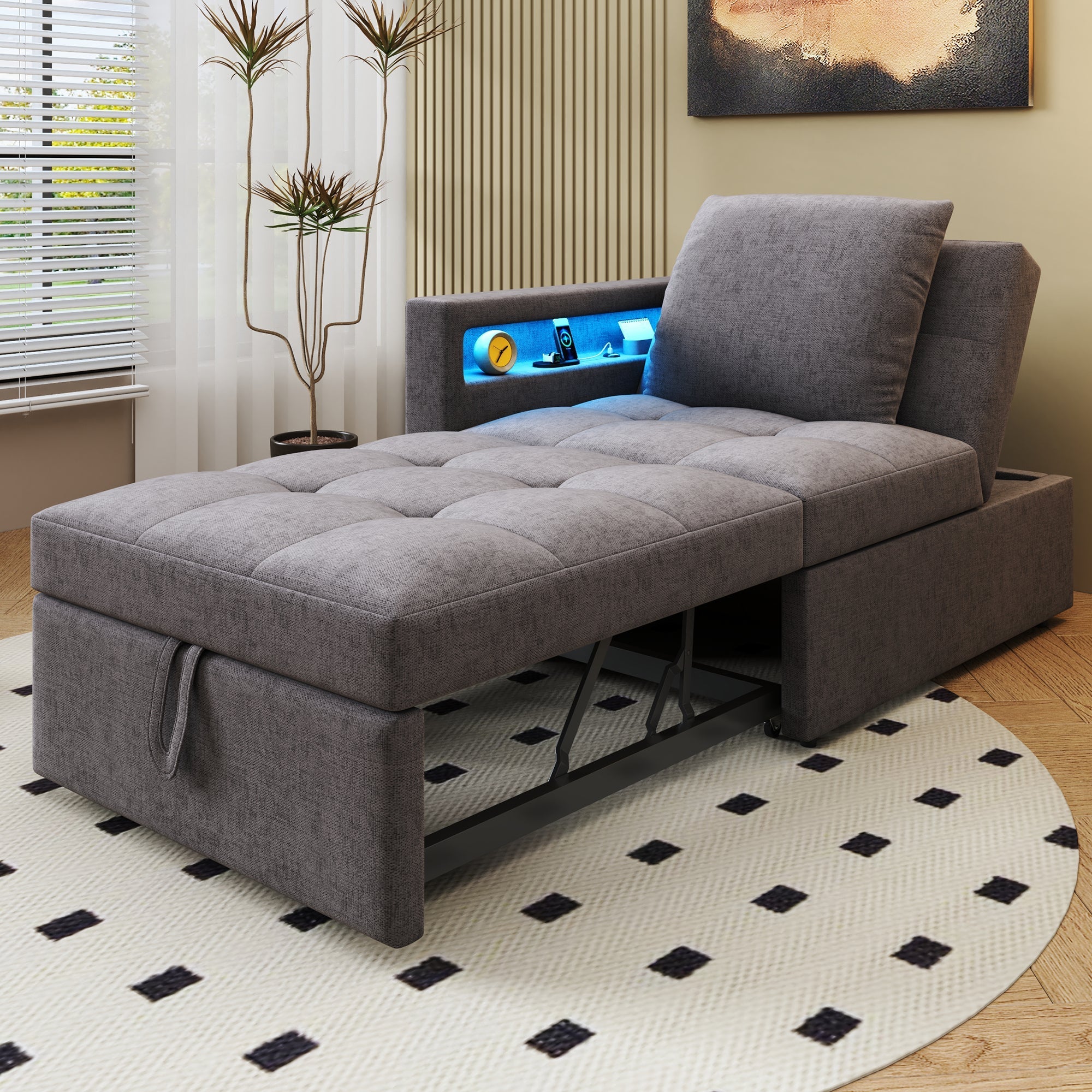 Upholstered Sleeper Sofa, 3-in-1 Multifunctional LED USB Ports, Linen Fabric