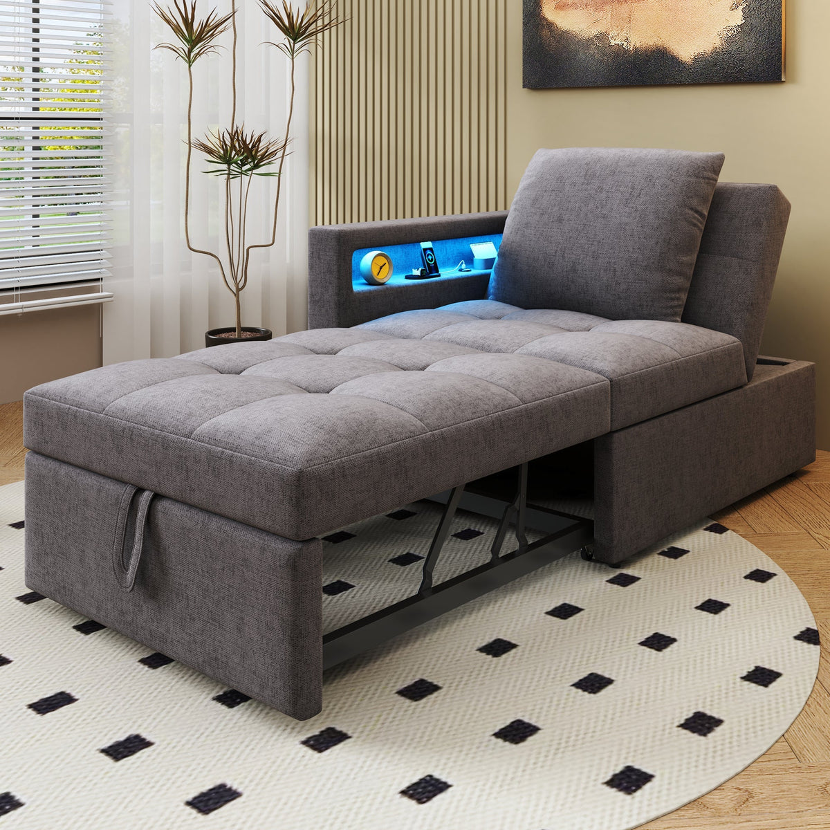 Upholstered Sleeper Sofa, 3-in-1 Multifunctional LED USB Ports, Linen Fabric