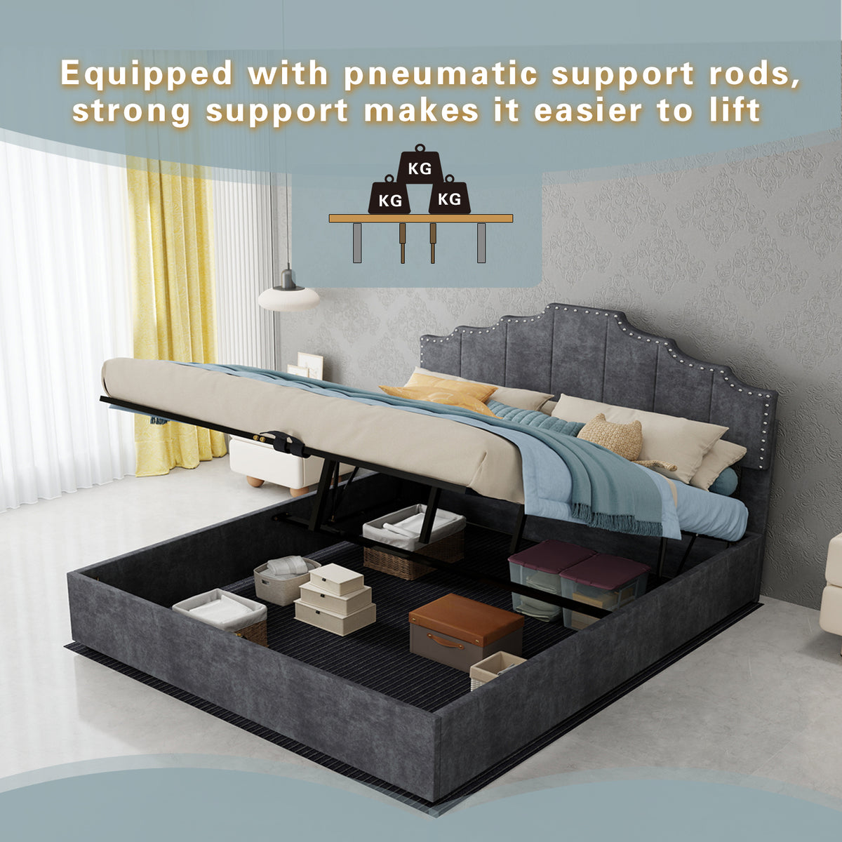 Modern Soft Bed with Mattress & Storage, 160x200cm, Gray