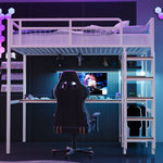 Metal Loft Bed with Safety Ladder, Table & Shelves, White
