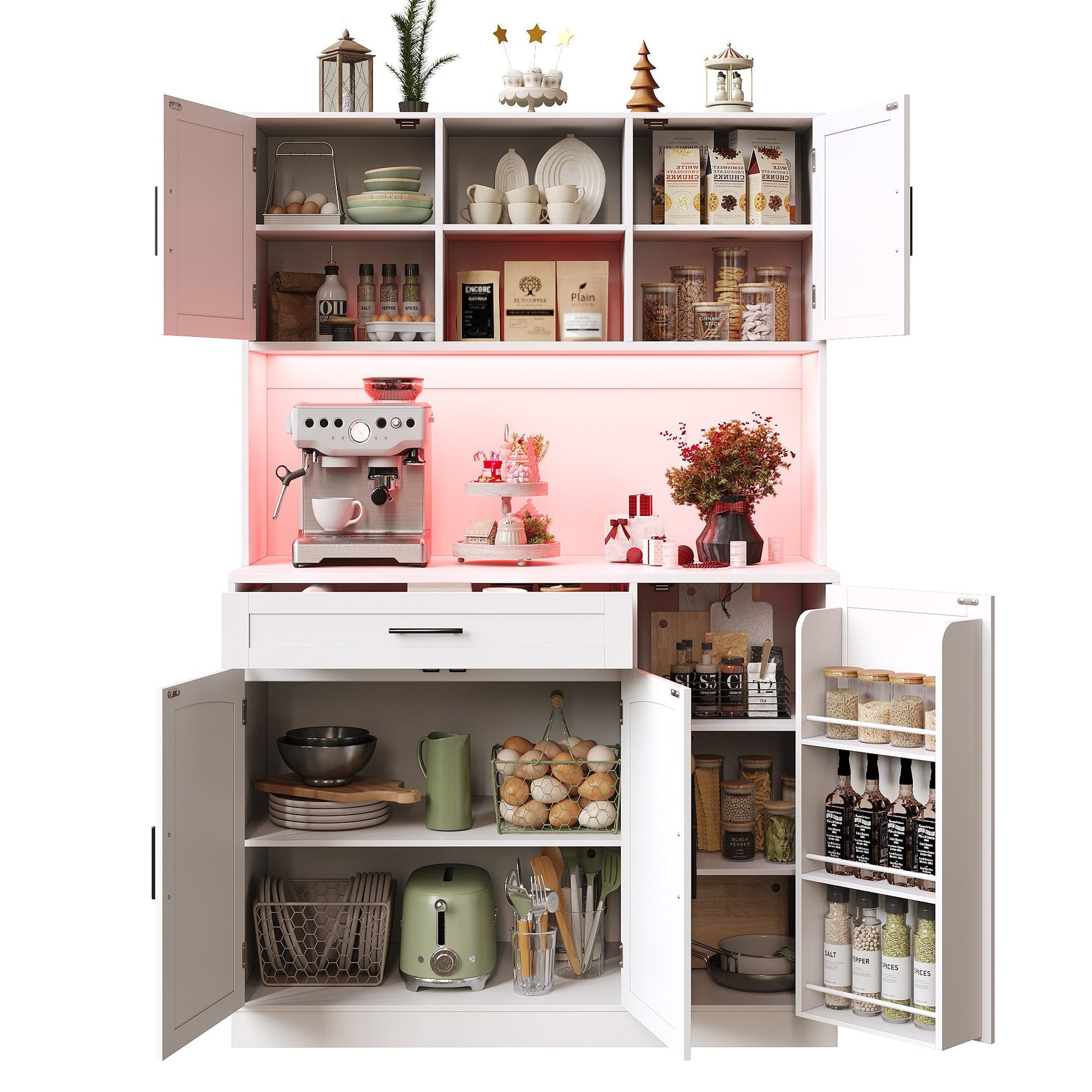 Tall Kitchen Sideboard with LED Strip and Built-in Socket, White