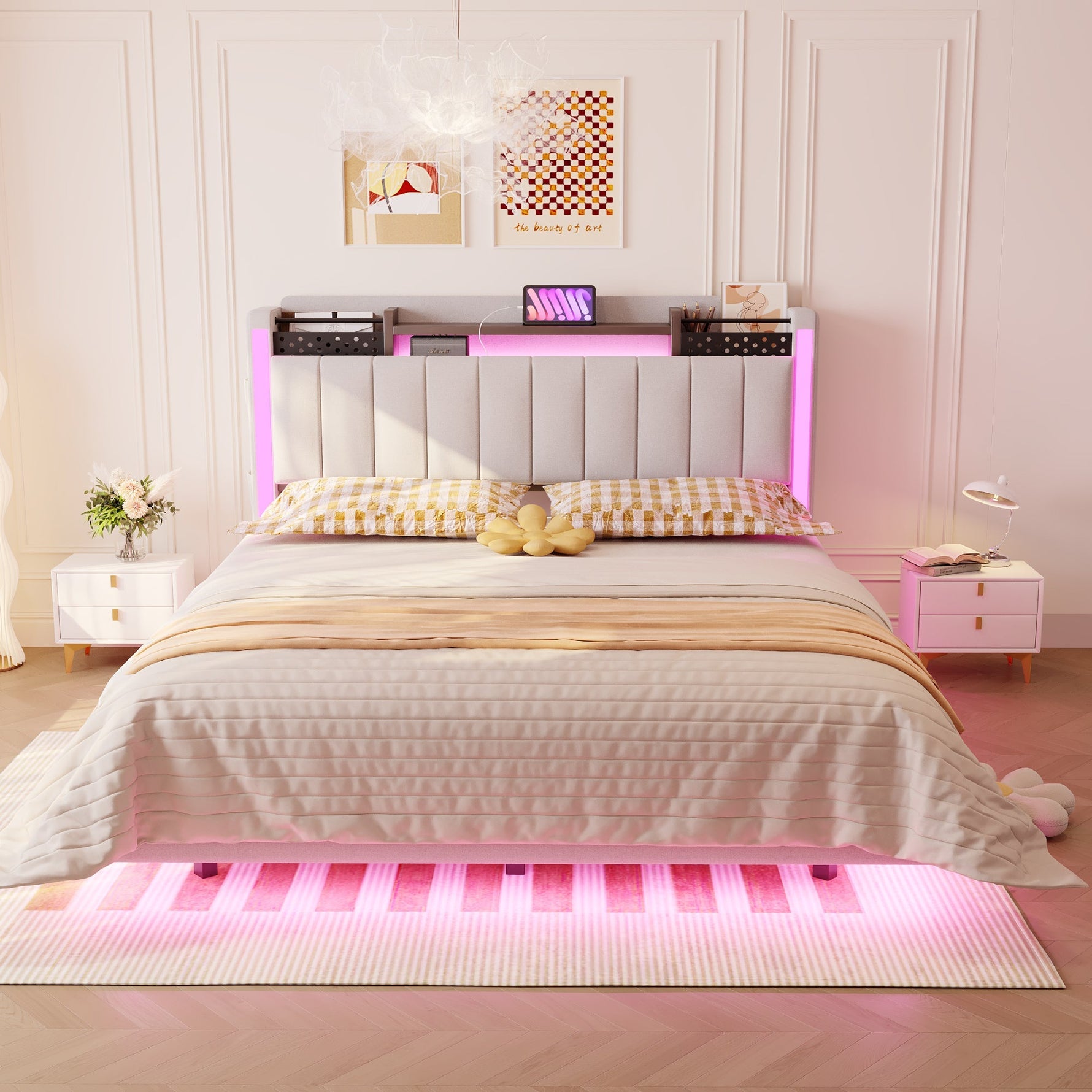 Upholstered Bed 140*200, LED, USB, Storage Headboard, Floating Design, Linen Beige