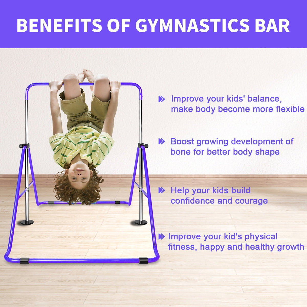 Adjustable Gymnastics Bar, Height-Adjustable Extendable Steel, Purple