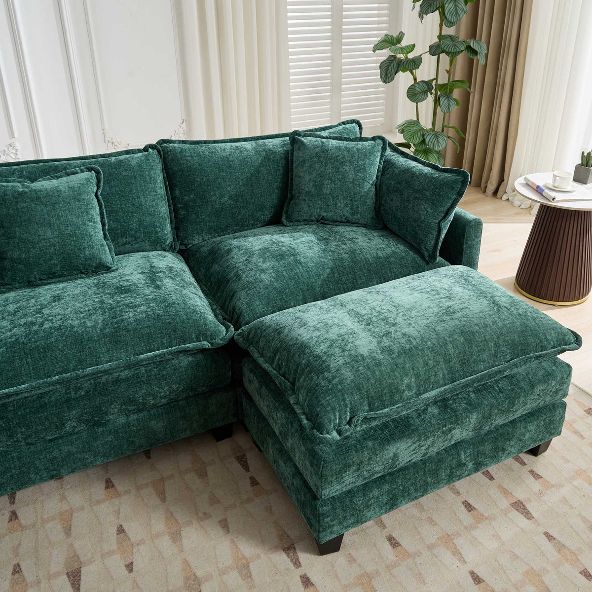 Cloud Sofa 3-Seat Sectional Couch with Double Layer Upholstered Cushion, Green Chenille Fabric