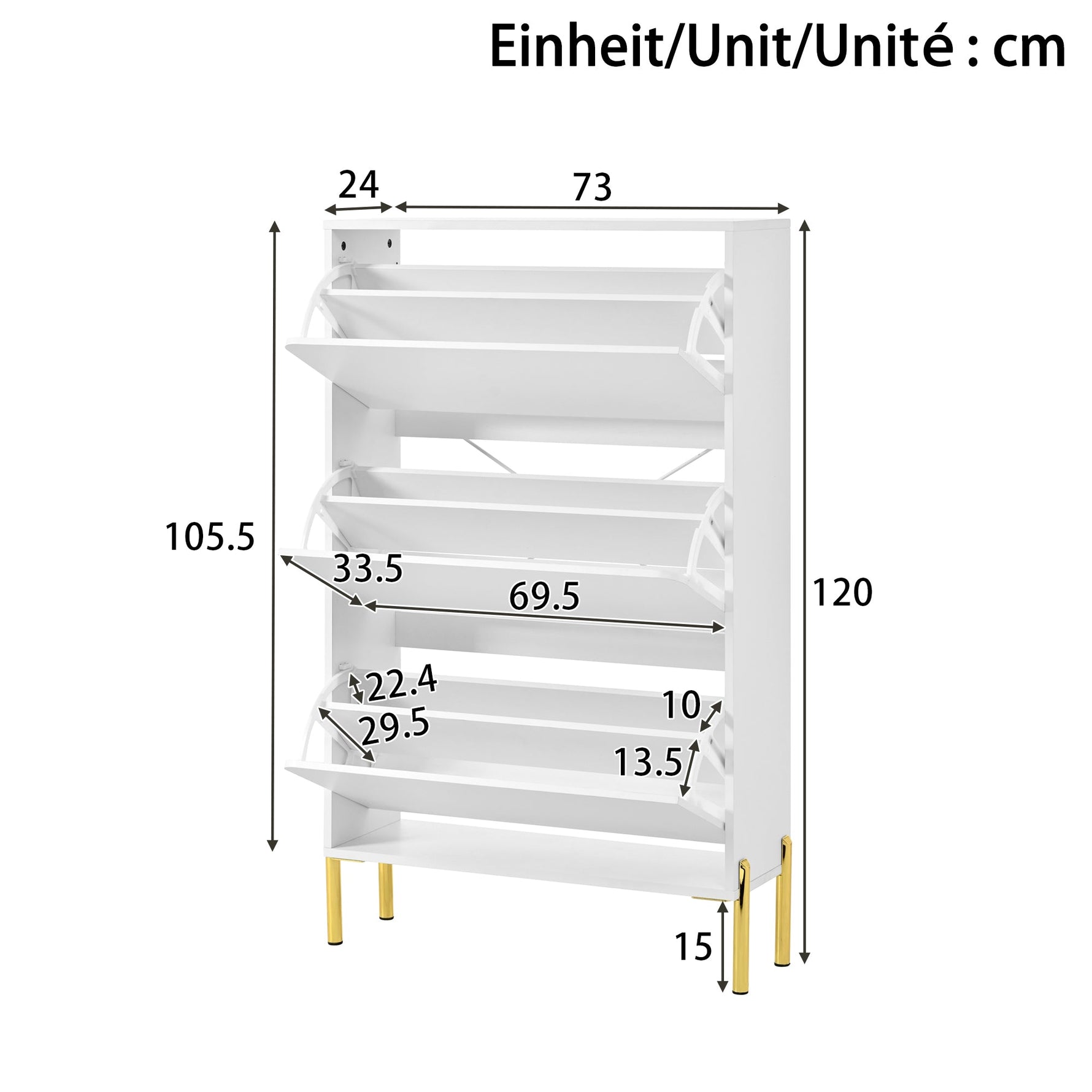 Modern Minimalist Shoe Cabinet with 3 Doors and Large Capacity, White and Gold
