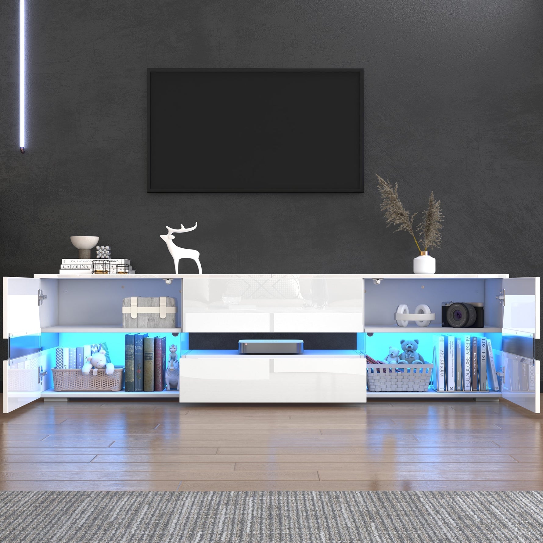 Modern TV Cabinet 160cm LED Storage for 70-inch TVs High-Gloss White