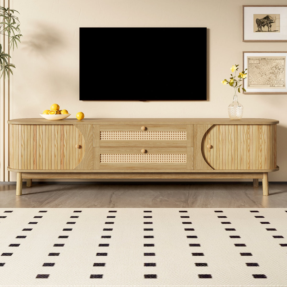 TV Cabinet with Doors, Drawers & Rattan Sides - Natural Wood Blend
