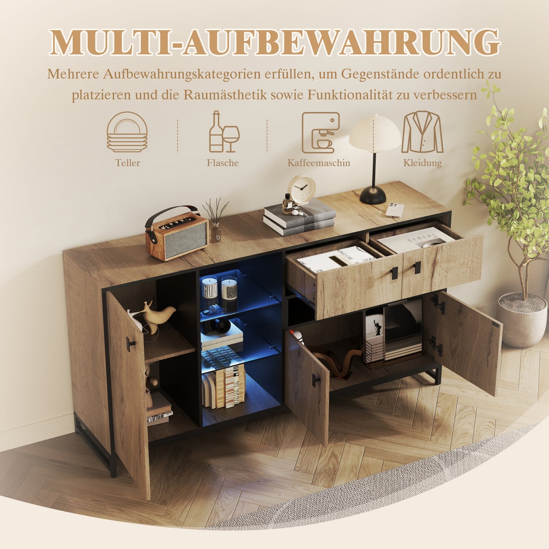 Modern Minimalist Storage Cabinet with Double Doors, Open Shelving and Glass Shelves, Wood and Metal