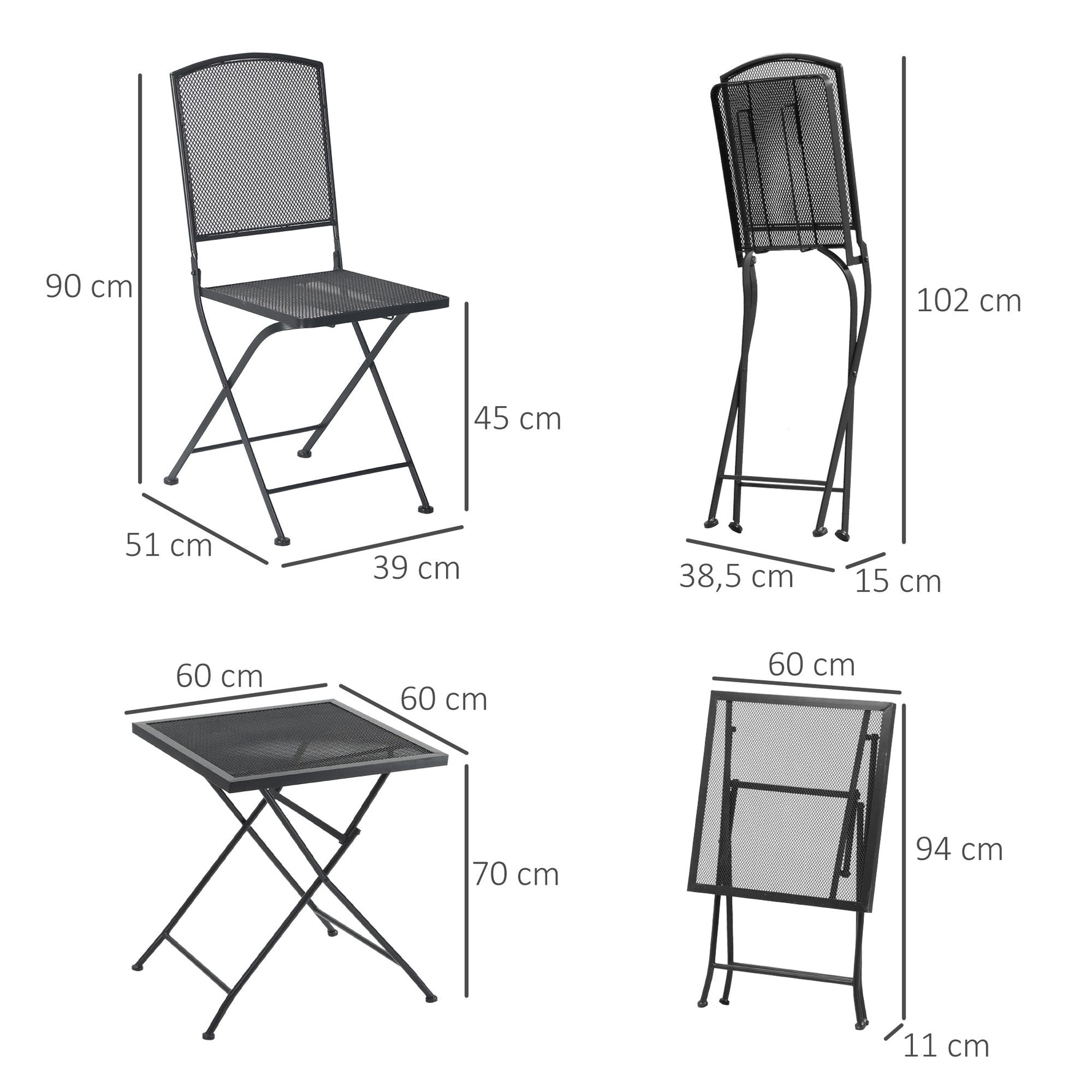 Garden Bistro Set, 3 Persons, 1 Table, 2 Folding Chairs, Metal Grey