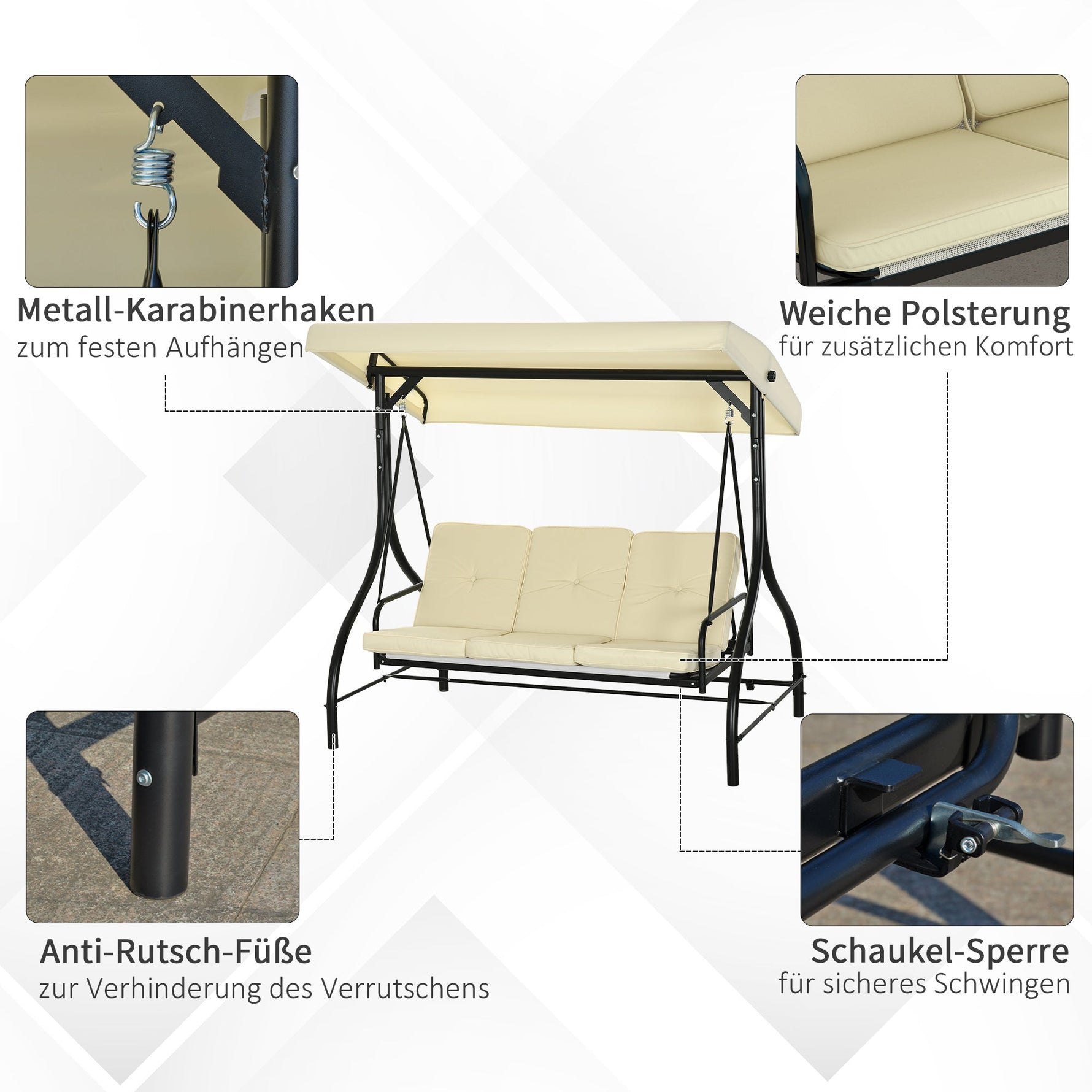 Outsuuny Porch Swing, 2-in-1 Reclining 3-Seater with Adjustable Sunroof, 240 kg, Beige