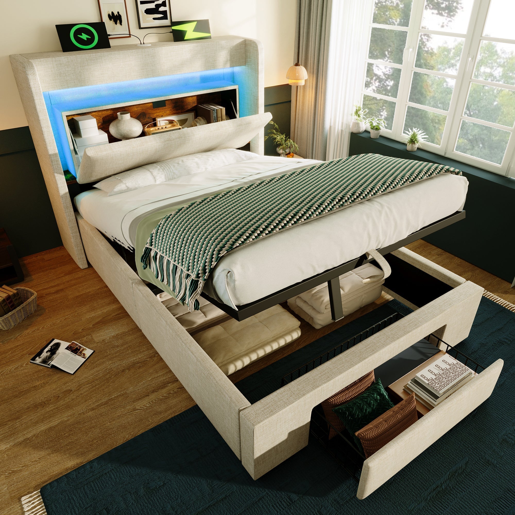 Upholstered Bed 90x200 cm with Hydraulic Storage, LED Lighting and USB Charging, Beige Linen
