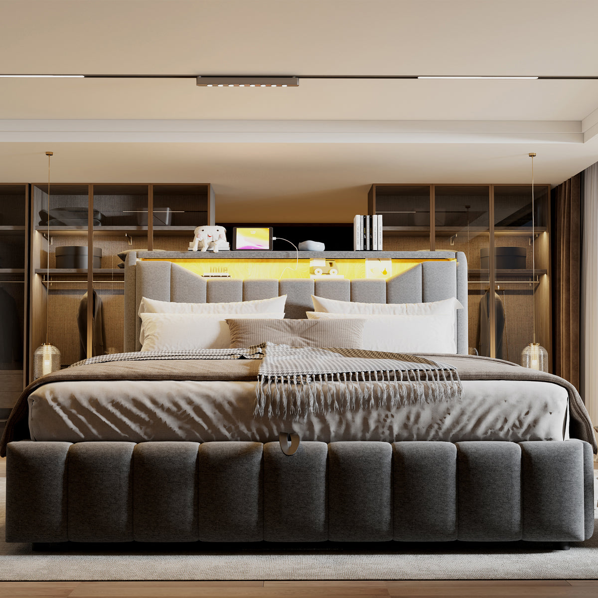 Upholstered Bed 180x200 with Storage & LED Light, Grey Linen