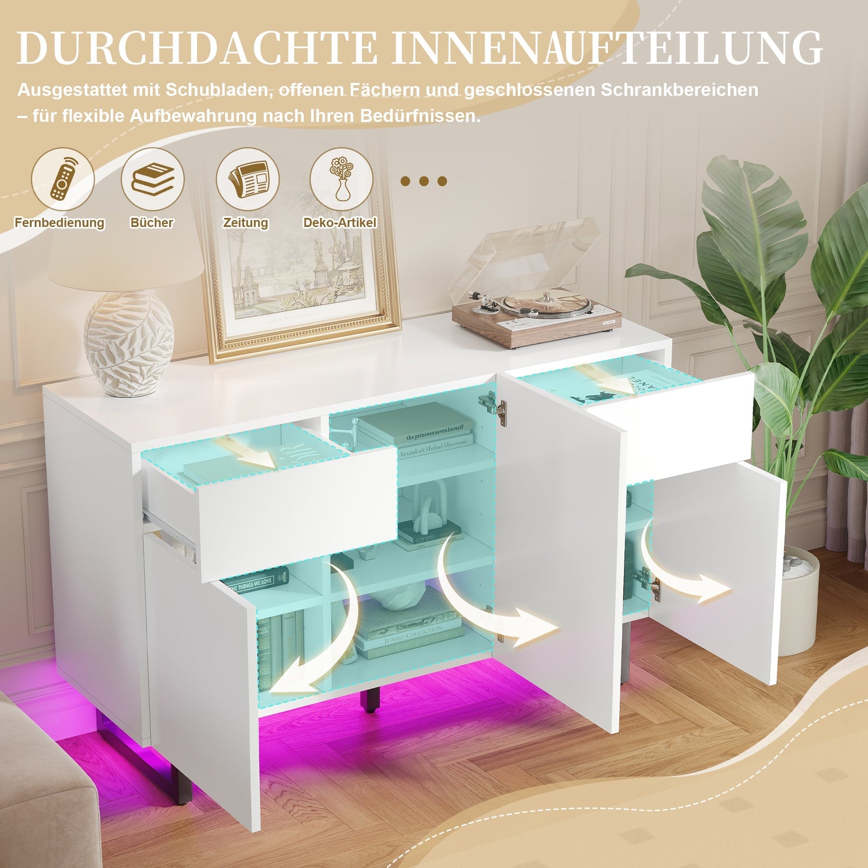 Sideboard 120cm Modern Storage Drawers Doors - White/Black