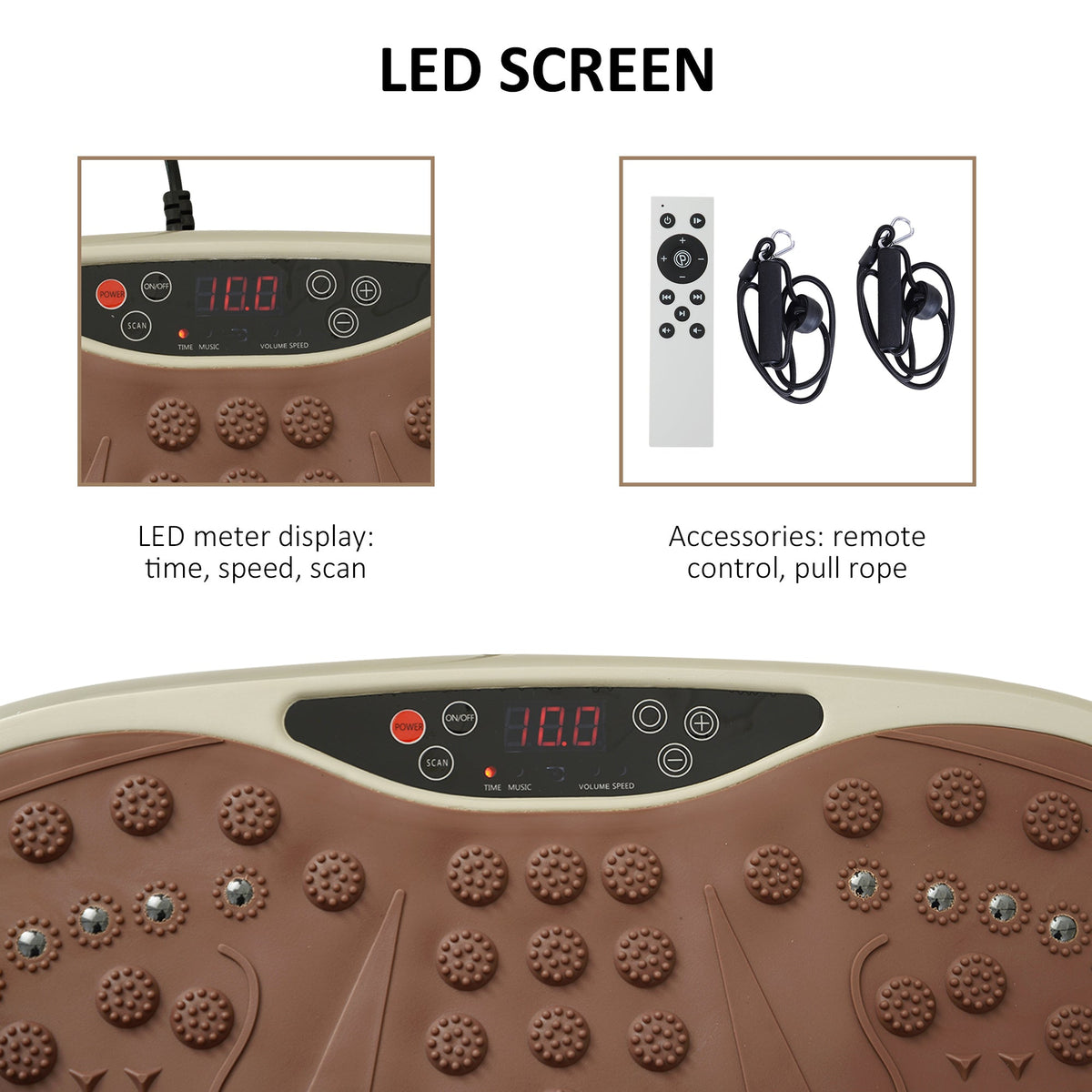 Vibration Plate Fitness Trainer with LED Display, USB Speaker, Training Bands, Remote Control