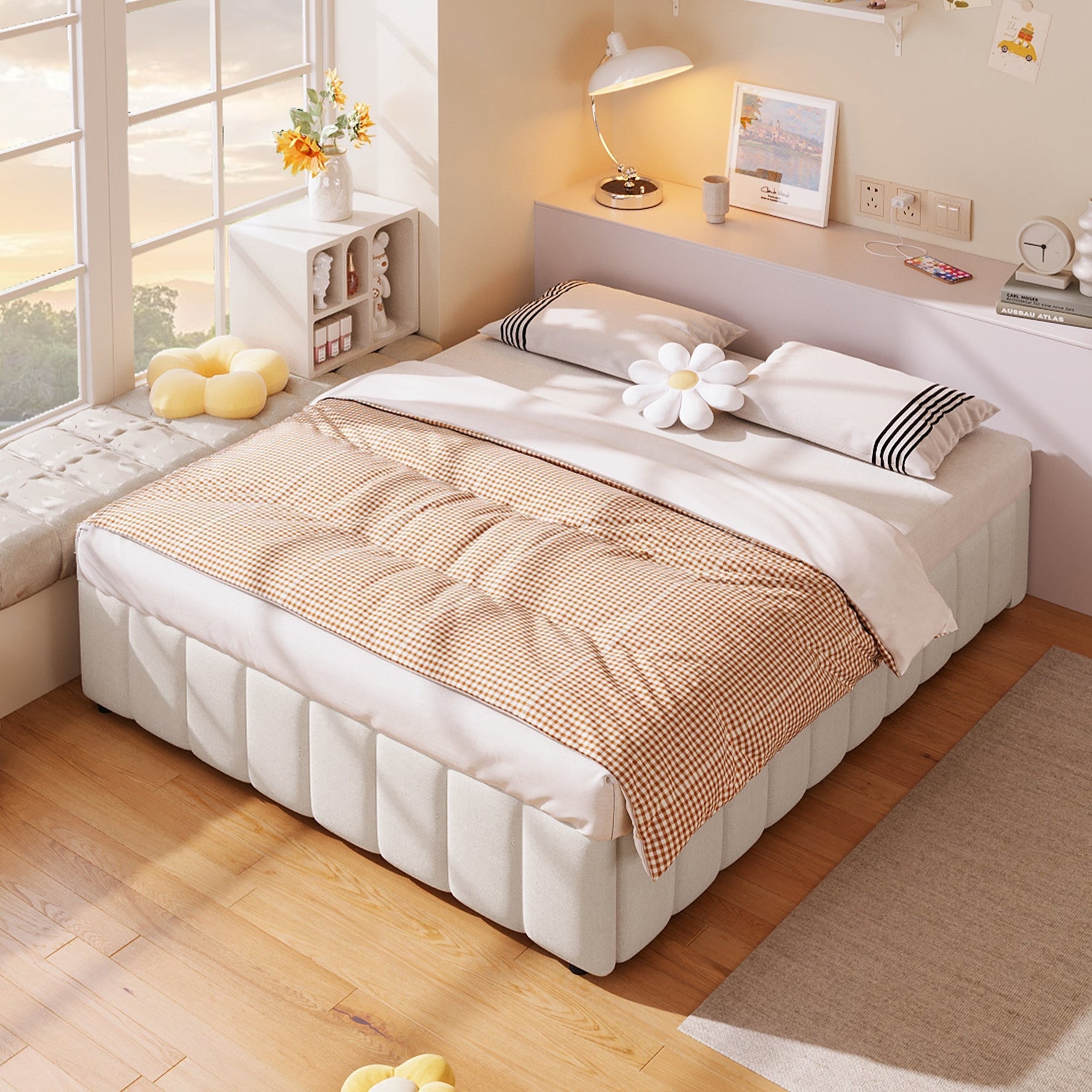 Upholstered Bed with Hydraulic Storage and No Headboard, 140x200cm, Beige