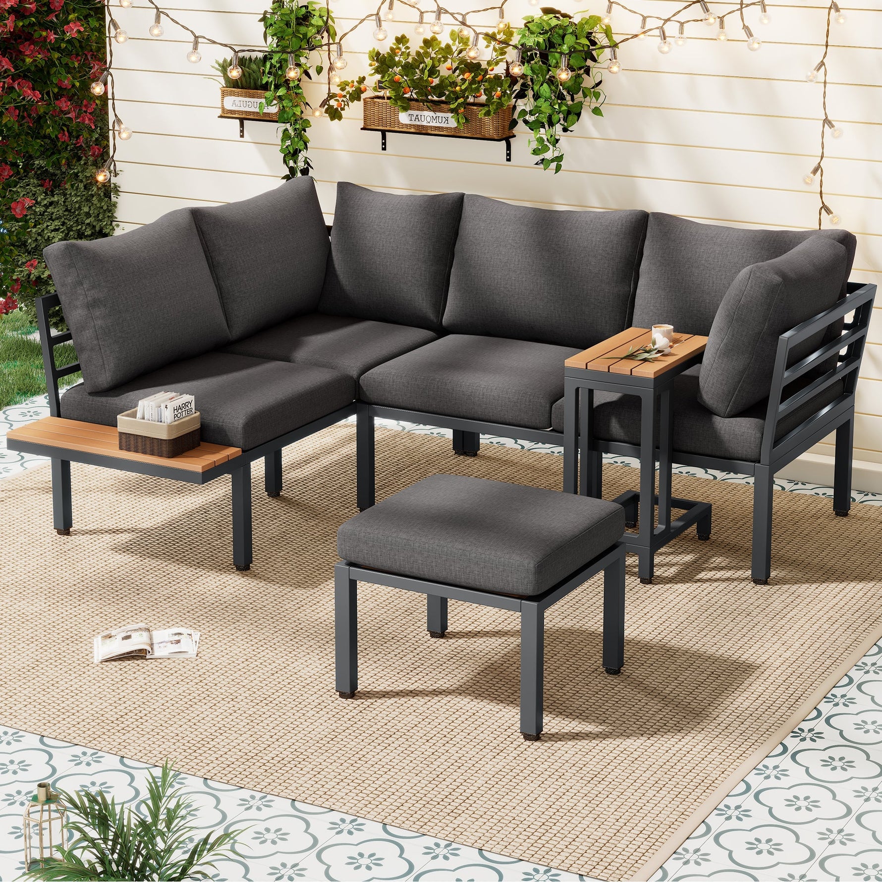 Garden Furniture Set with Sofa and Multi-functional Tables, Galvanized Steel and Wood-look Plastic, Grey and Black