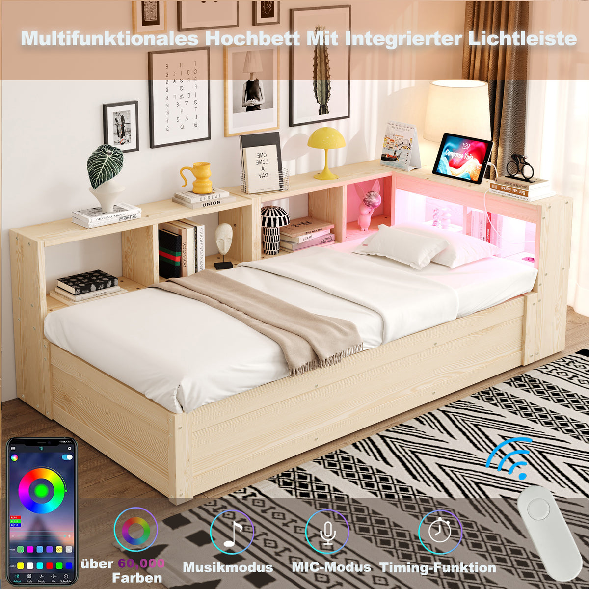 Sofa Bed 90x200cm with Hydraulic Storage & LED, Wood Color