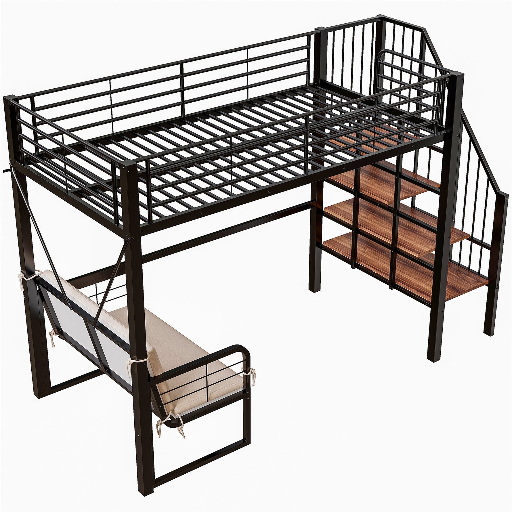 Bunk Bed with Removable Sofa, Storage and Safety Stairs, 90x200cm, Black Metal