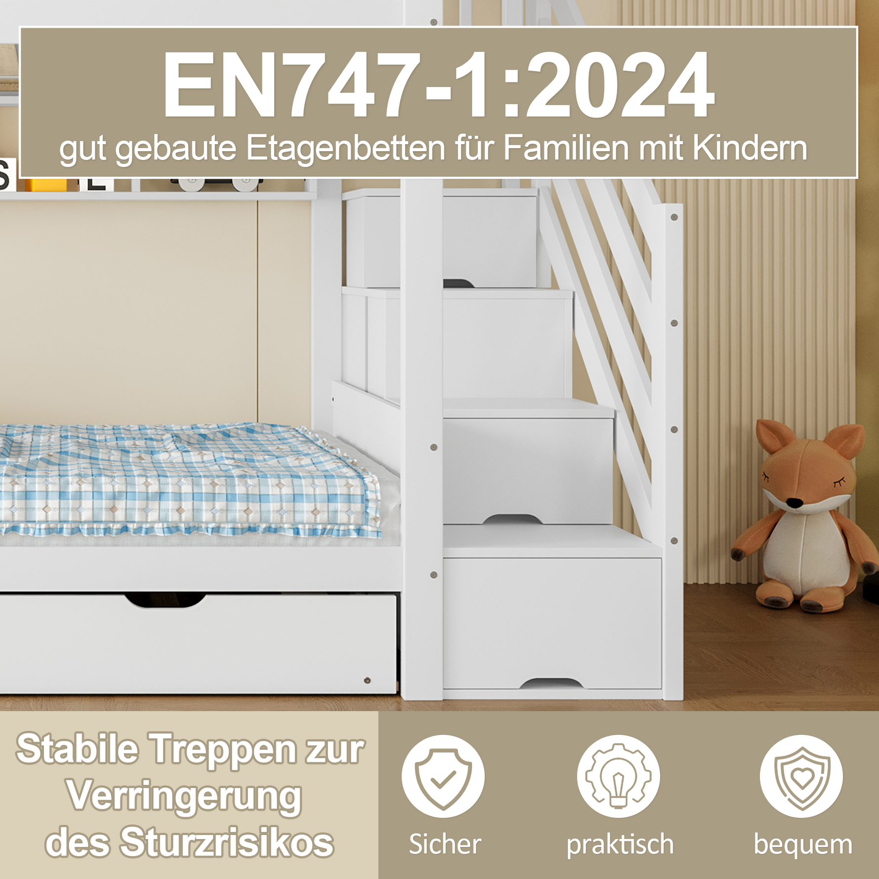 Bunk Bed 90x200cm Pull-out Bed with Shelf, Wardrobe & Storage - White