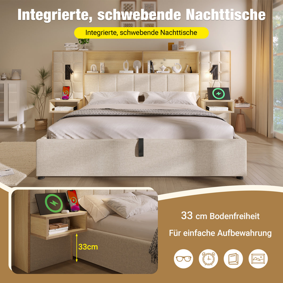 Upholstered Bed 180x200 with Storage, LED & USB, Beige Linen Fabric