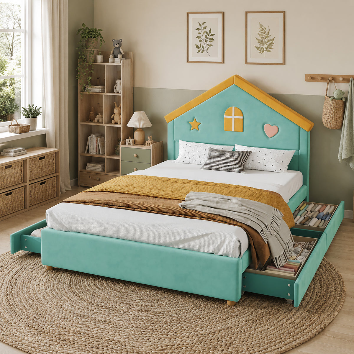 House Bed 140x200cm with 4 Drawers, Blue-Green Velvet