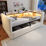 Upholstered Sleeper Sofa 90x190cm with Storage & LED, Beige