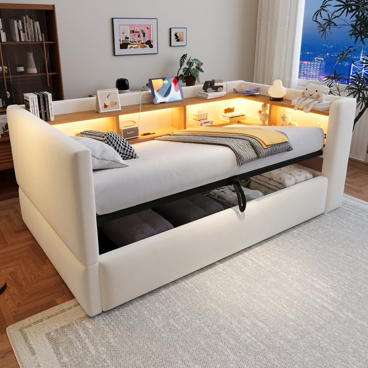 Upholstered Sleeper Sofa 90x190cm with Storage & LED, Beige
