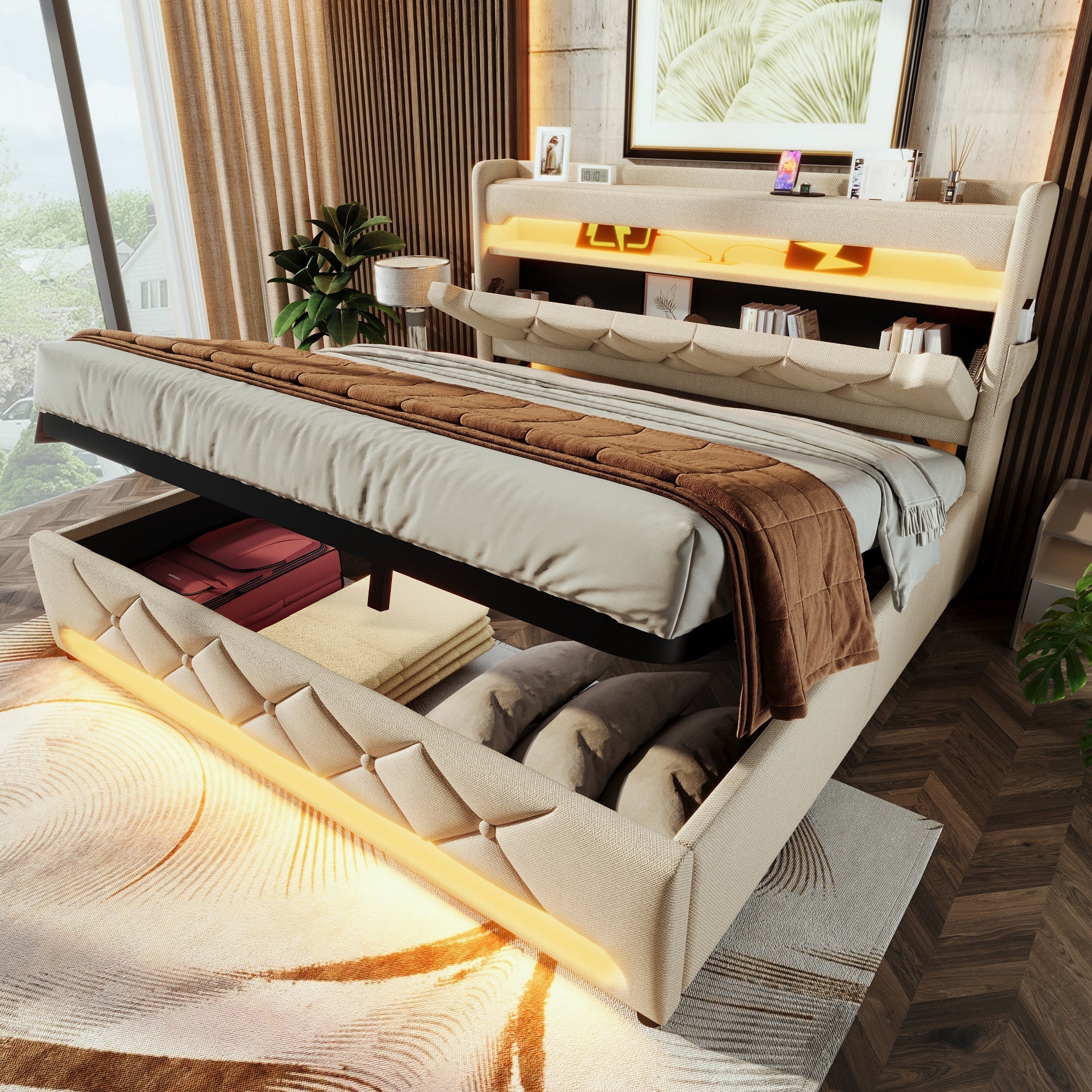 Upholstered Double Bed with Hydraulic Storage, USB Ports and LED Lighting, 140x190cm, Beige Linen