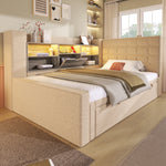 Upholstered Bed 90x200cm Pull-Out Bed LED Storage Headboard - Linen Beige