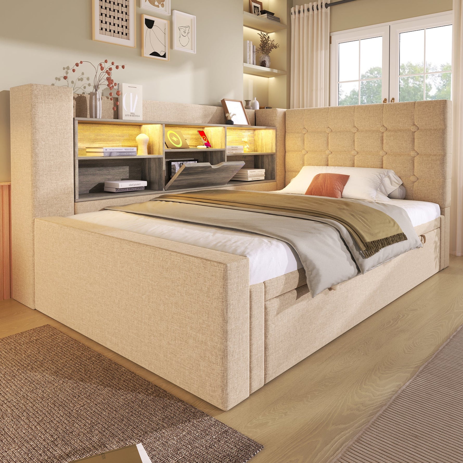 Upholstered Bed 90x200cm Pull-Out Bed LED Storage Headboard - Linen Beige