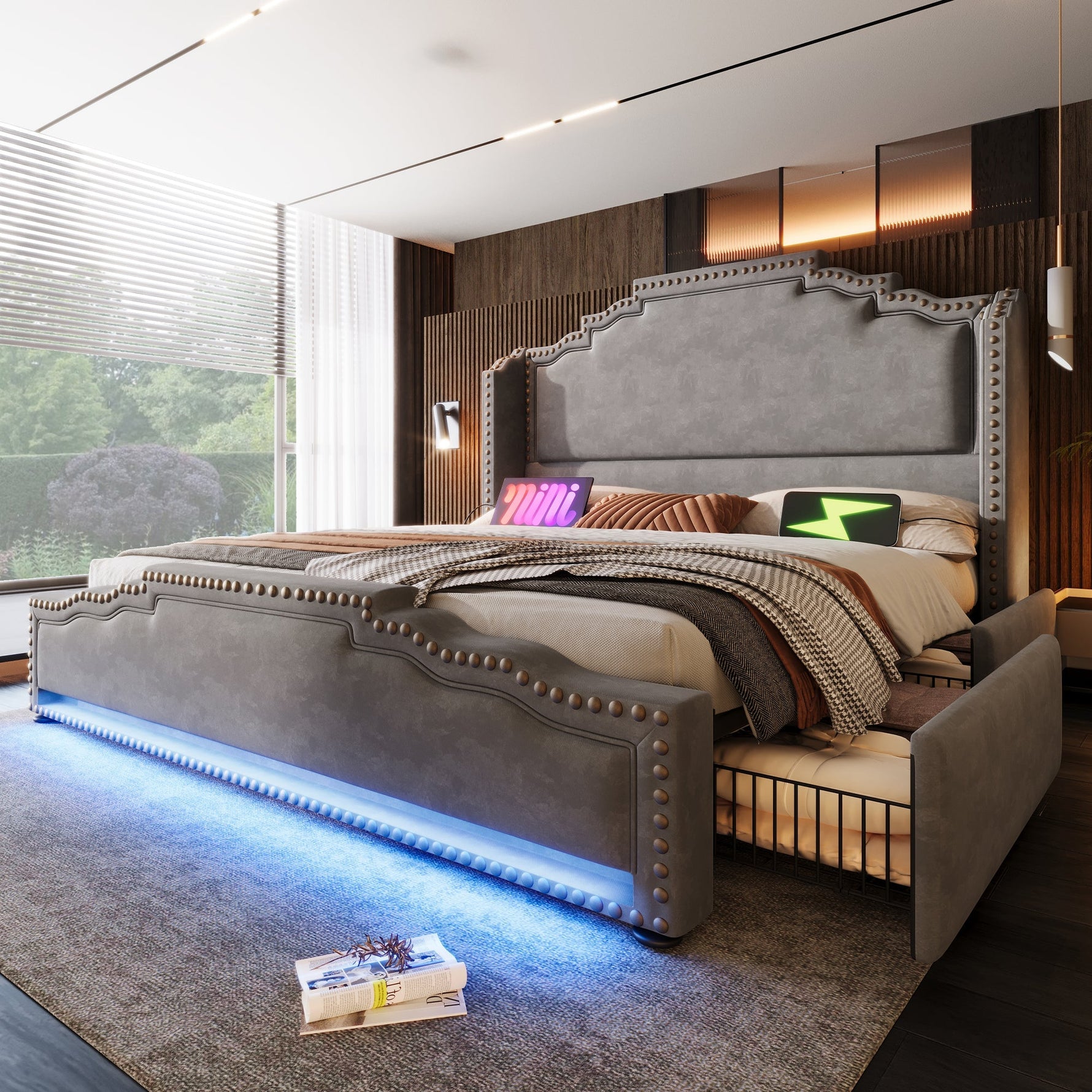 Upholstered Bed 180x200, Double Bed with 4 Drawers, LED and USB-C, Grey Velvet