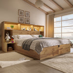 System Bed 180x200cm with Hydraulic Storage, Integrated Bedside Tables, Headboard Shelf, LED and USB-C, Oak Wood Look