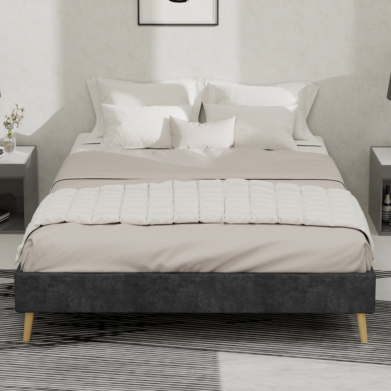 Modern Minimalist Bed Frame 140x200cm Low-Profile Base Grey Dutch Velvet