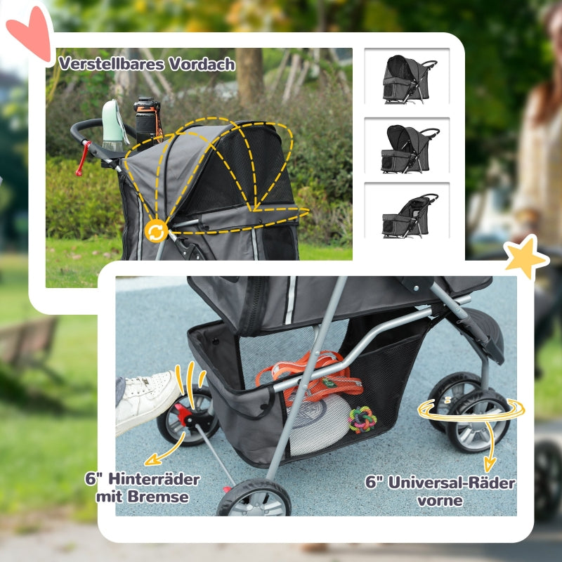 Dog Stroller Buggy, Foldable Mesh Windows Cup Holder, Dark Grey