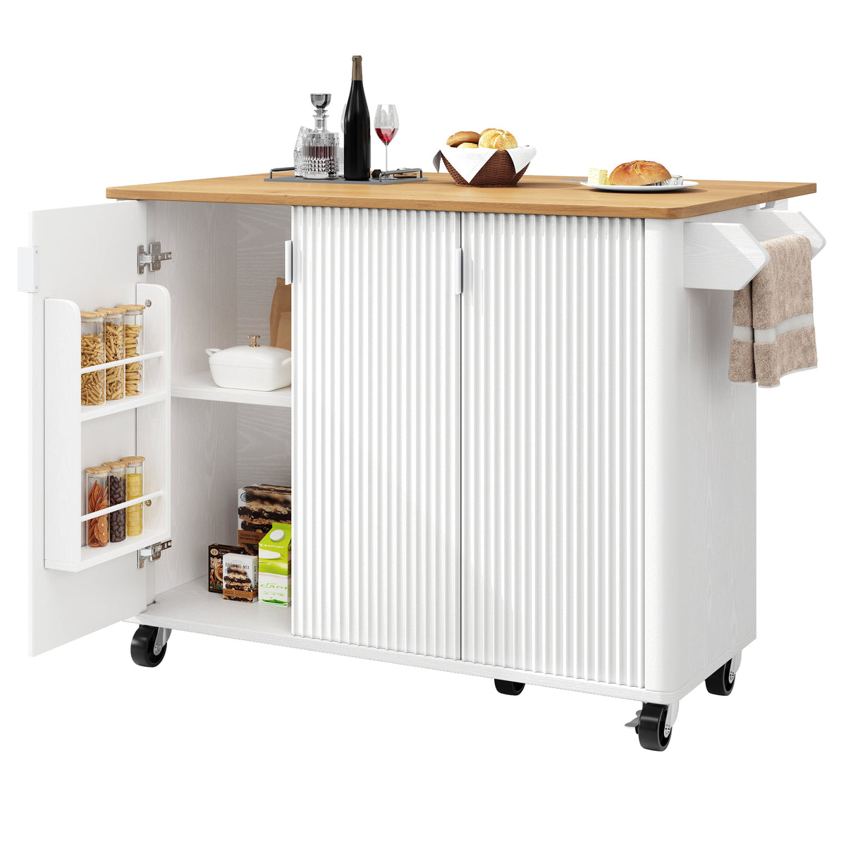 Kitchen Island Trolley Extendable on Wheels Buffet Storage Adjustable Dividers 3 Doors White/Black