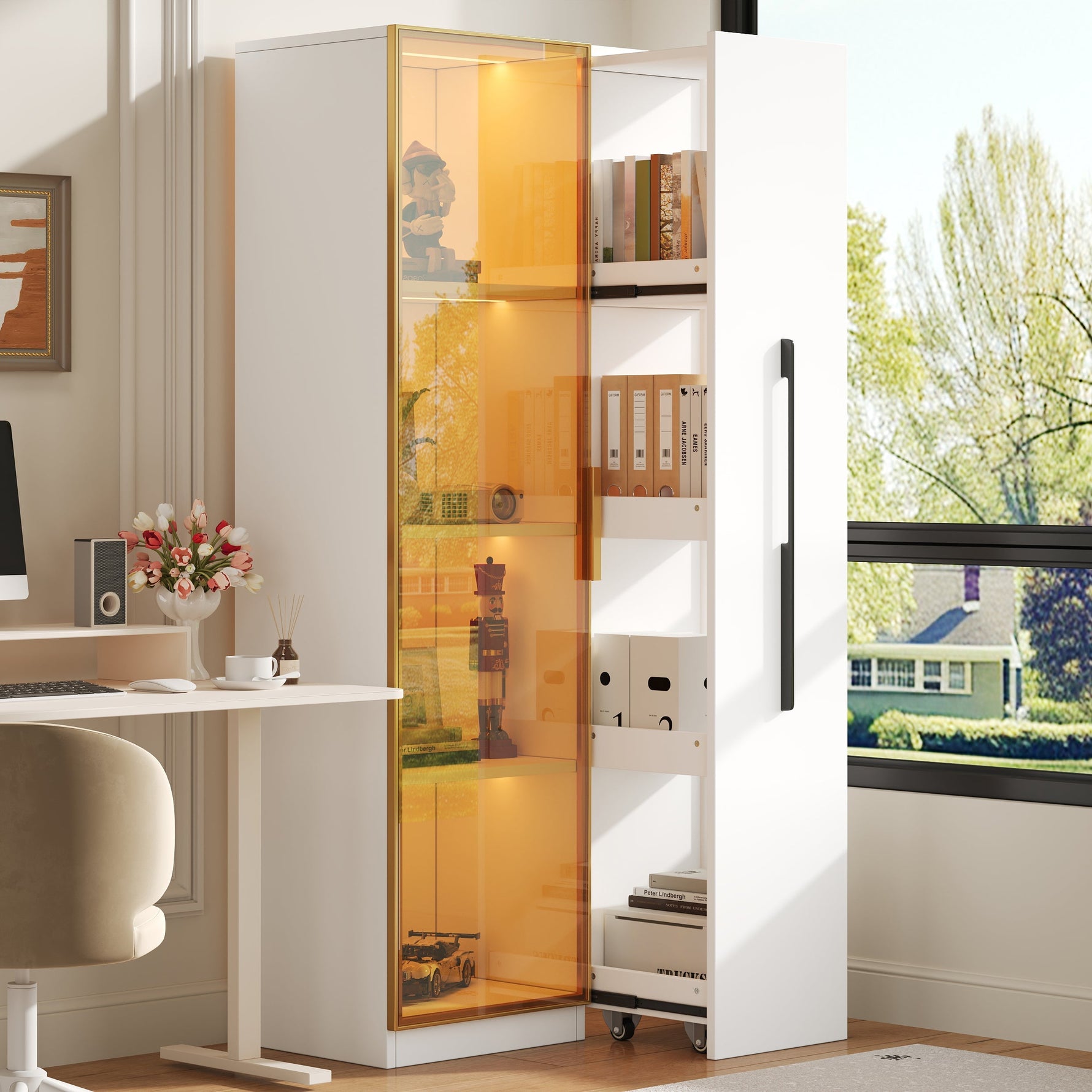 Display Cabinet with Glass Doors, Side Drawers and LED Lighting, White MDF