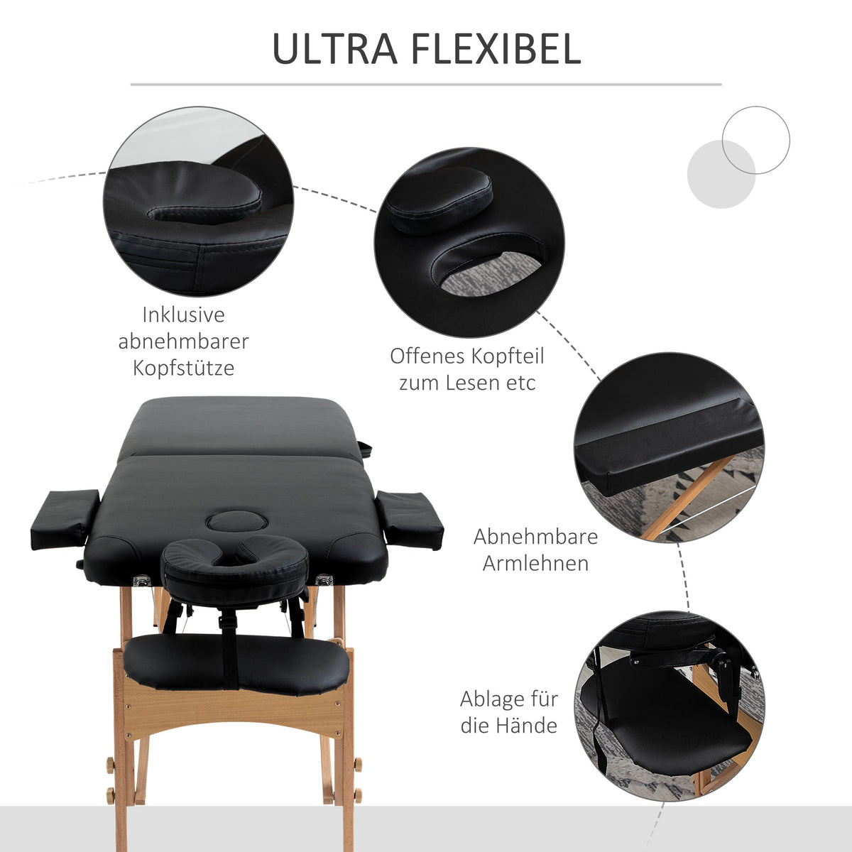 Folding Portable Massage Table, Adjustable Headrest, Faux Leather & Wood, Black