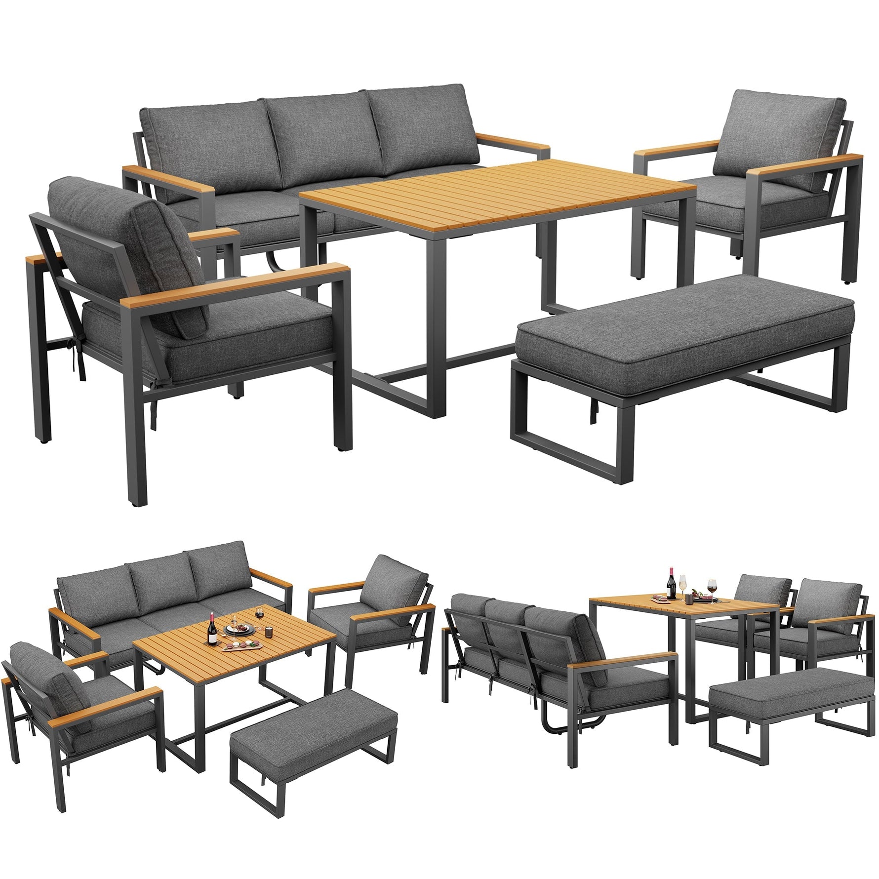 Garden Lounge Set for 6-7 People, Weatherproof Seating Group, Galvanized Iron Frame